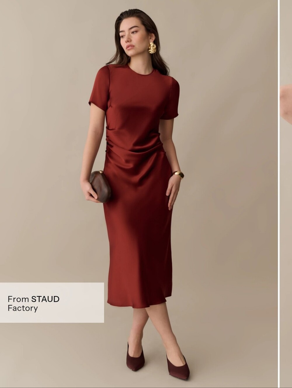 NWT o.p.t Nessa Satin Side Ruched Midi Dress Mahogany Brown S STAUD Factory